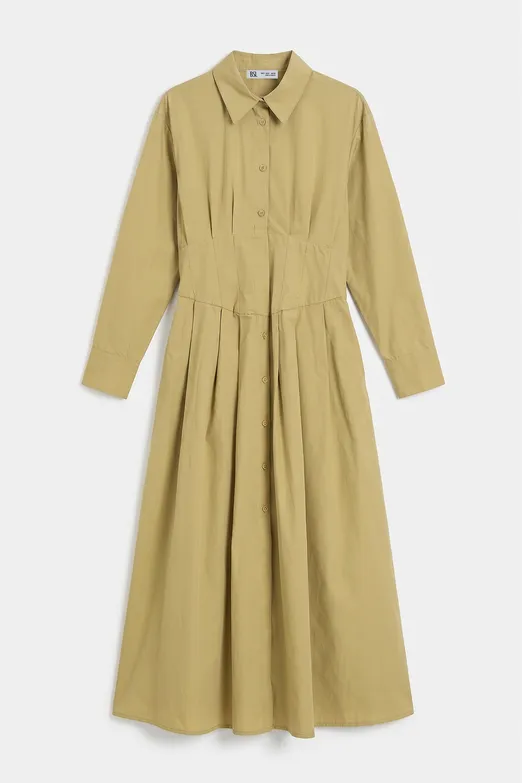 Bayan Yeşil Poplin Korsajlı Midi Gömlek Elbise - BSL