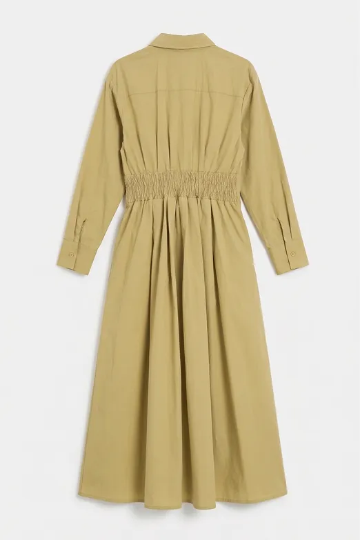 Bayan Yeşil Poplin Korsajlı Midi Gömlek Elbise - BSL