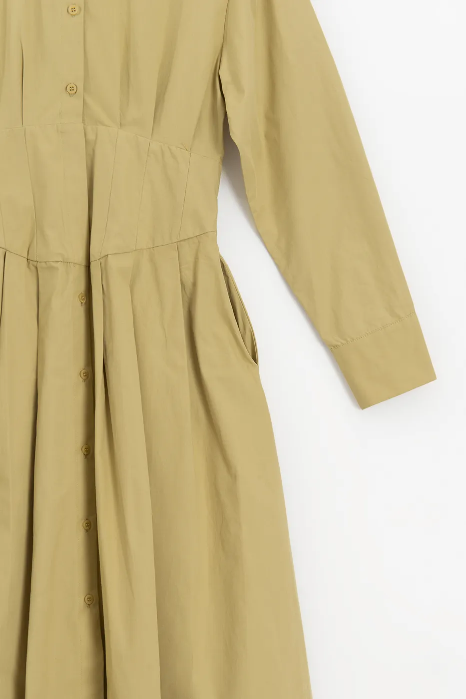 Bayan Yeşil Poplin Korsajlı Midi Gömlek Elbise