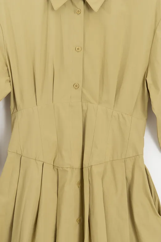 Bayan Yeşil Poplin Korsajlı Midi Gömlek Elbise - BSL