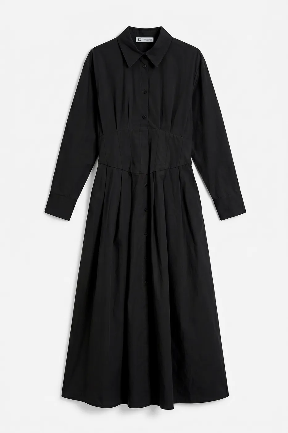 Bayan Siyah Poplin Korsajlı Midi Gömlek Elbise