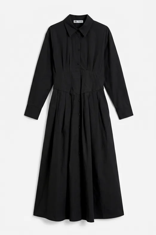 Bayan Siyah Poplin Korsajlı Midi Gömlek Elbise - BSL