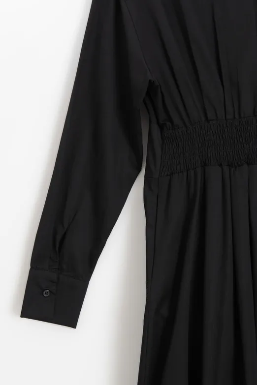 Bayan Siyah Poplin Korsajlı Midi Gömlek Elbise - BSL