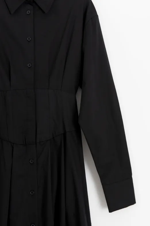 Bayan Siyah Poplin Korsajlı Midi Gömlek Elbise - BSL