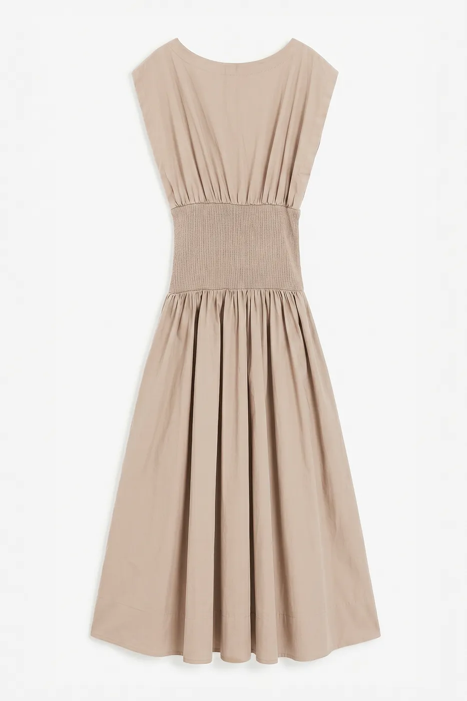 Bayan Bej Kayık Yakalı %100 Cotton Volanlı Midi Elbise