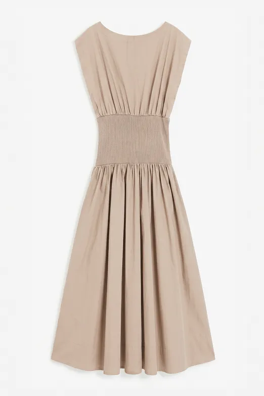 Bayan Bej Kayık Yakalı %100 Cotton Volanlı Midi Elbise - BSL