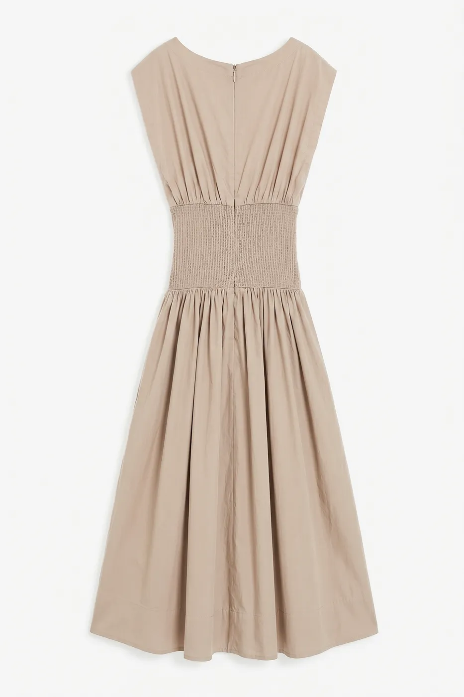 Bayan Bej Kayık Yakalı %100 Cotton Volanlı Midi Elbise