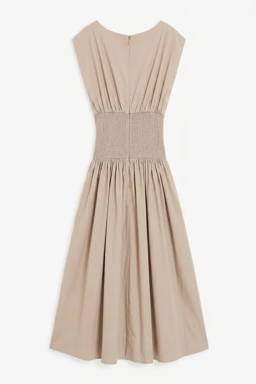 Bayan Bej Kayık Yakalı %100 Cotton Volanlı Midi Elbise - BSL