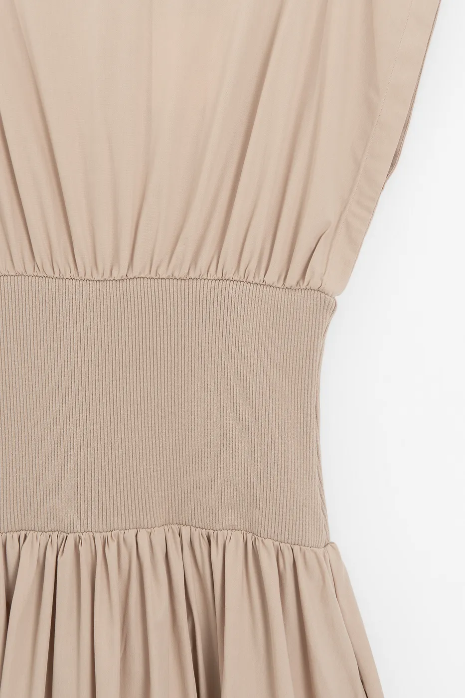 Bayan Bej Kayık Yakalı %100 Cotton Volanlı Midi Elbise