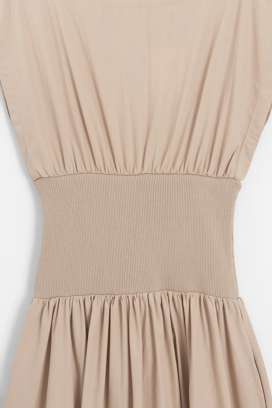 Bayan Bej Kayık Yakalı %100 Cotton Volanlı Midi Elbise