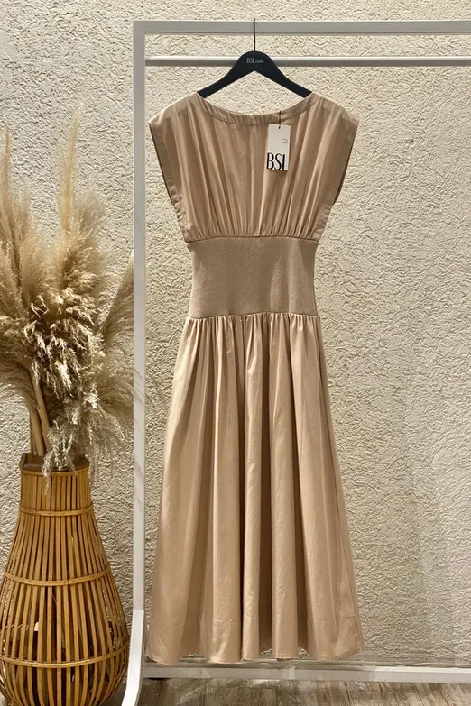 Bayan Bej Kayık Yakalı %100 Cotton Volanlı Midi Elbise - BSL