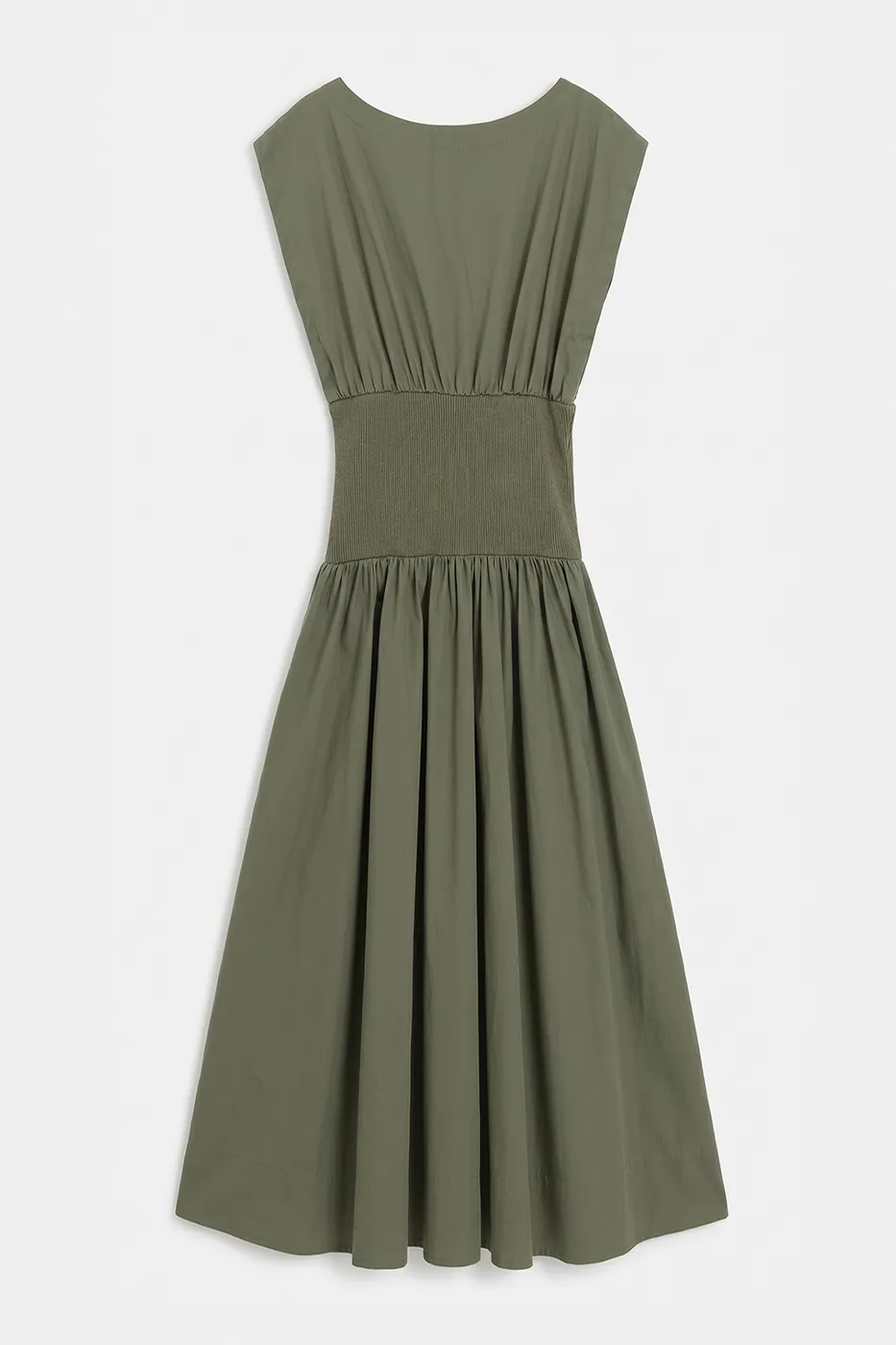 Bayan Yeşil Kayık Yakalı %100 Cotton Volanlı Midi Elbise