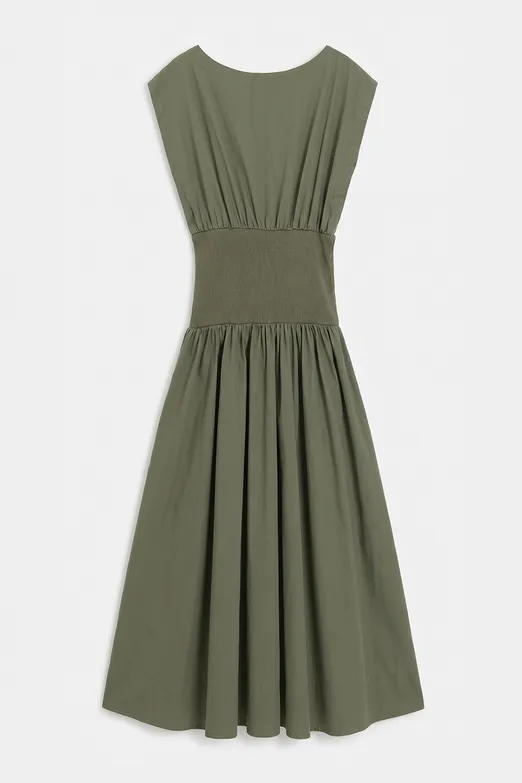 Bayan Yeşil Kayık Yakalı %100 Cotton Volanlı Midi Elbise - BSL