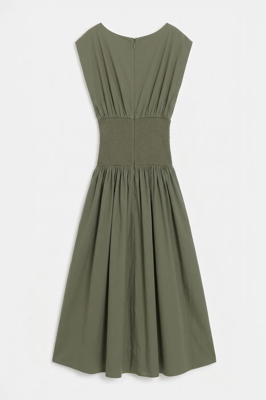 Bayan Yeşil Kayık Yakalı %100 Cotton Volanlı Midi Elbise