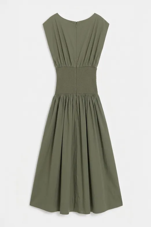 Bayan Yeşil Kayık Yakalı %100 Cotton Volanlı Midi Elbise - BSL