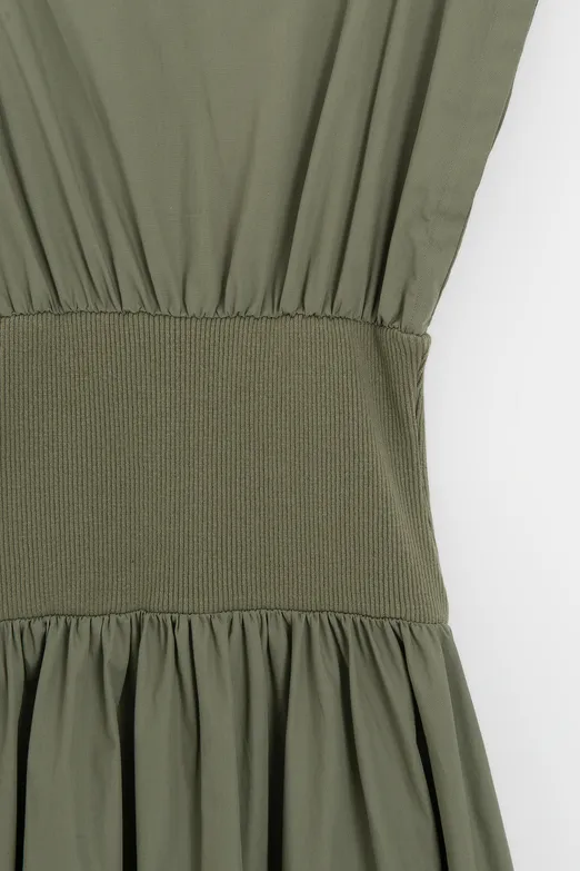 Bayan Yeşil Kayık Yakalı %100 Cotton Volanlı Midi Elbise - BSL