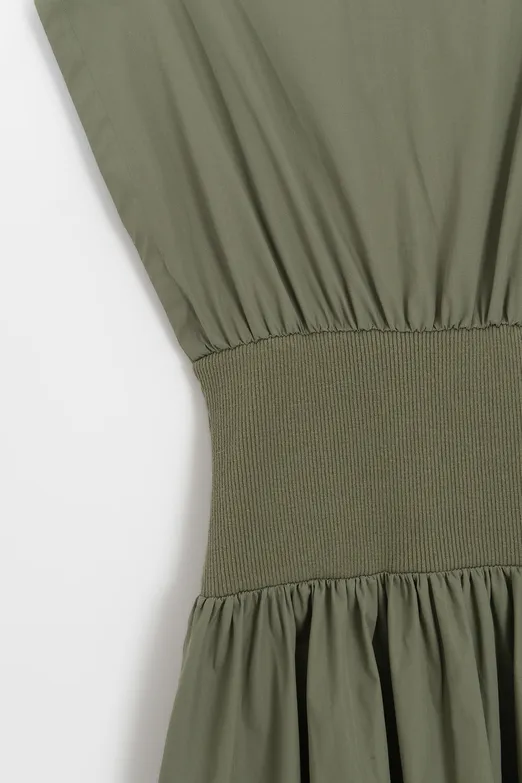 Bayan Yeşil Kayık Yakalı %100 Cotton Volanlı Midi Elbise - BSL