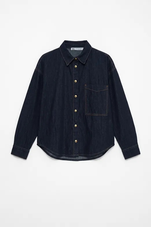 Bayan Lacivert Oversıze Denim Gömlek - BSL