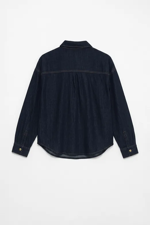 Bayan Lacivert Oversıze Denim Gömlek - BSL