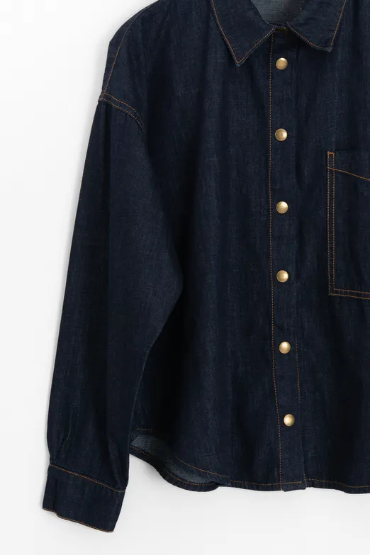 Bayan Lacivert Oversıze Denim Gömlek - BSL