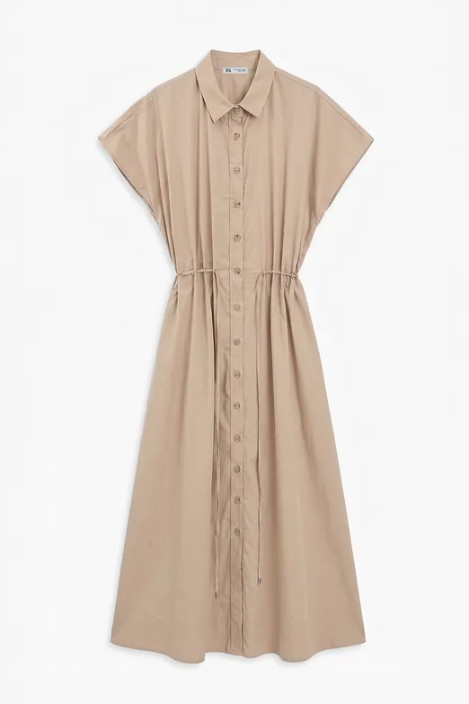 Bayan Bej %100 Cotton Kordon Detaylı Midi Gömlek Elbise - BSL