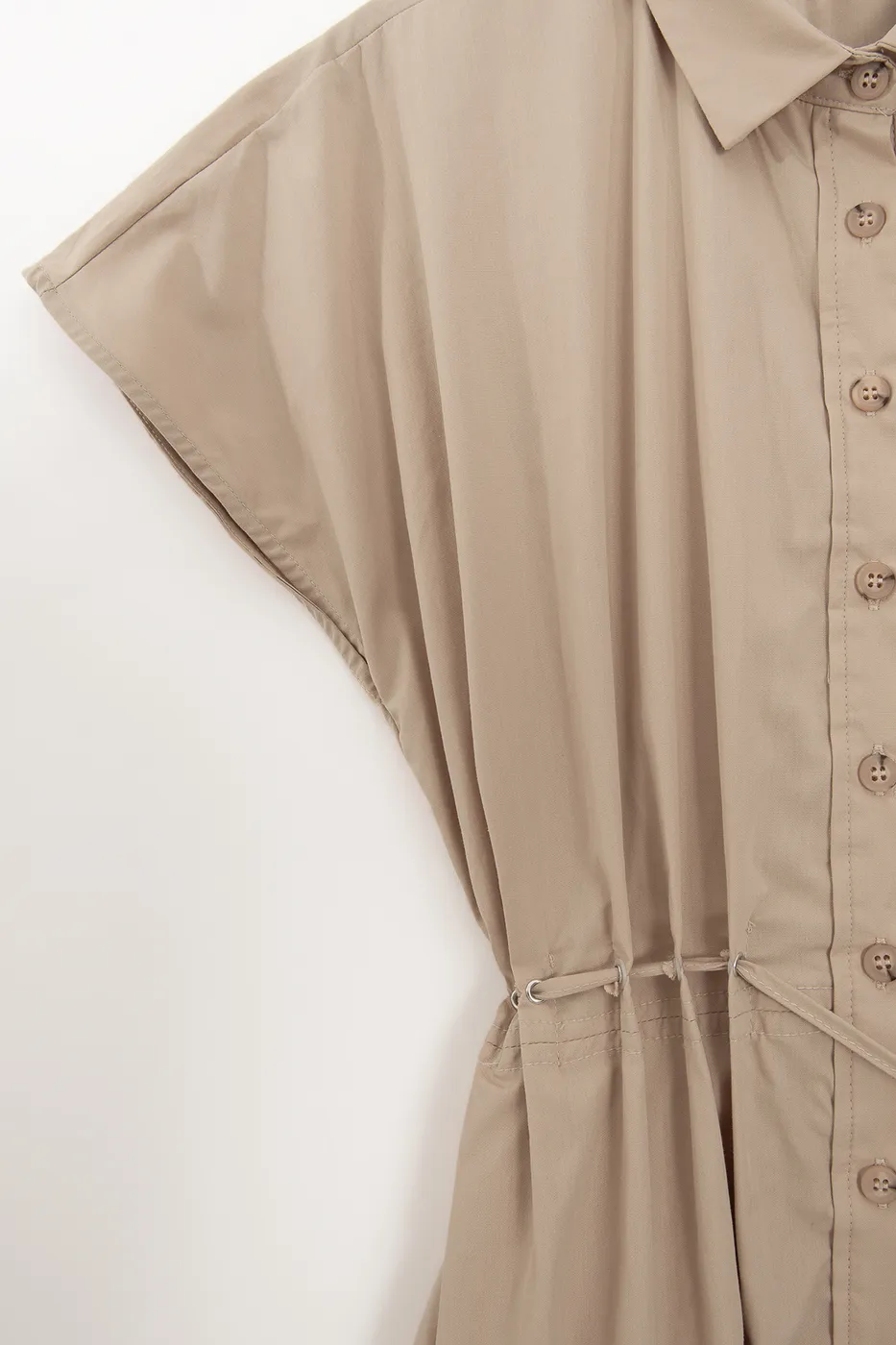 Bayan Bej %100 Cotton Kordon Detaylı Midi Gömlek Elbise