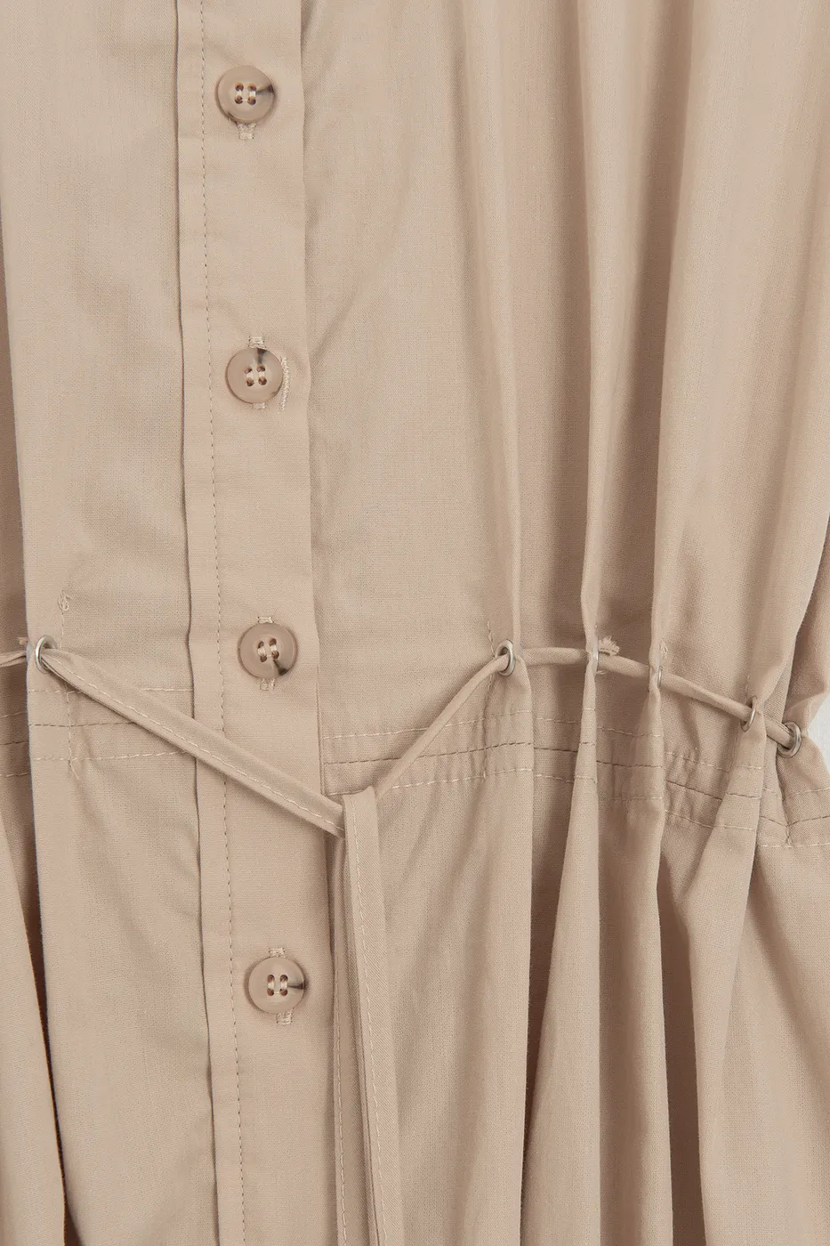 Bayan Bej %100 Cotton Kordon Detaylı Midi Gömlek Elbise