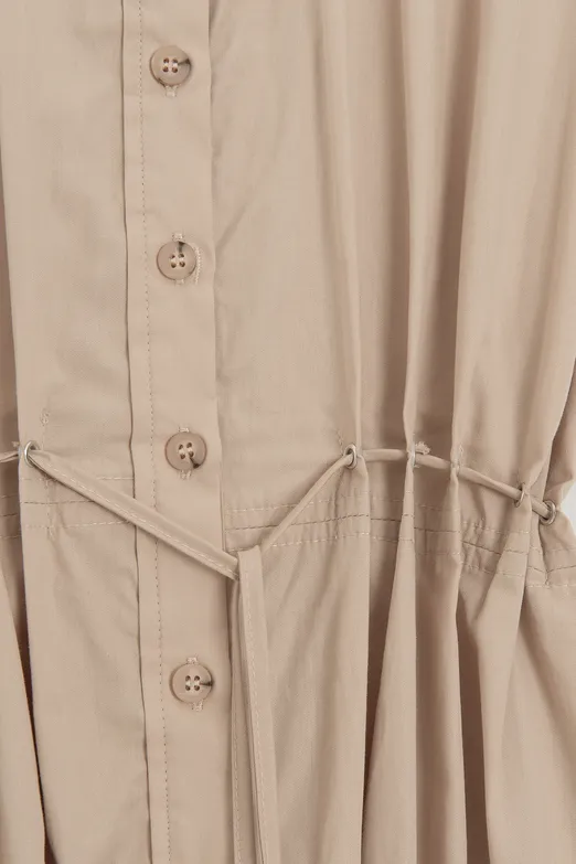 Bayan Bej %100 Cotton Kordon Detaylı Midi Gömlek Elbise - BSL