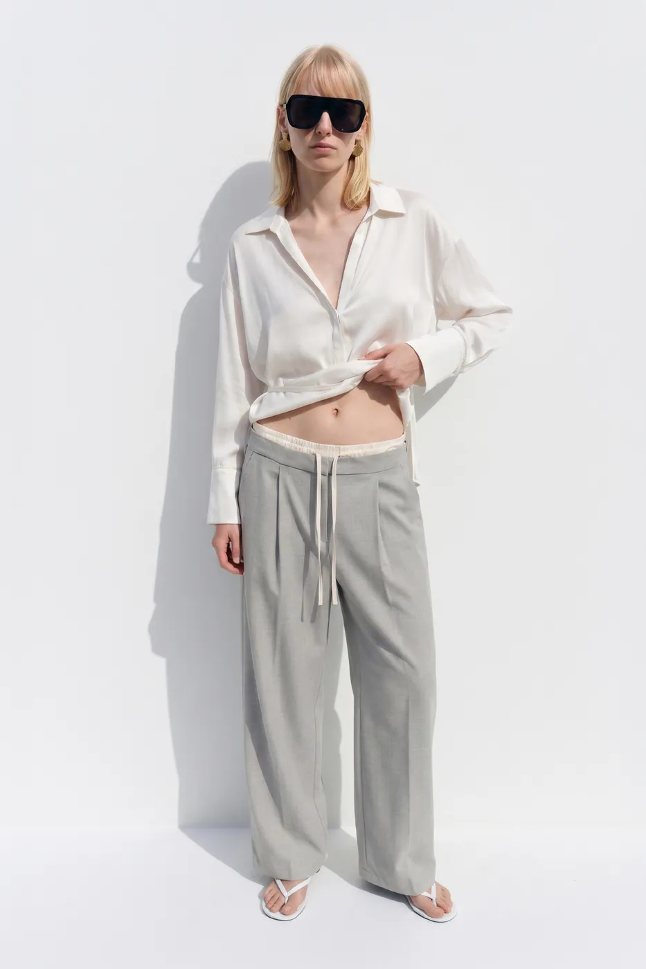 Bayan Gri Çift Bel Bantlı Pantolon