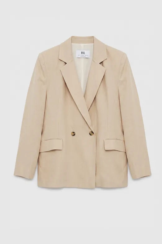 Bayan Bej %100 Keten Kruvaze Blazer Ceket - BSL