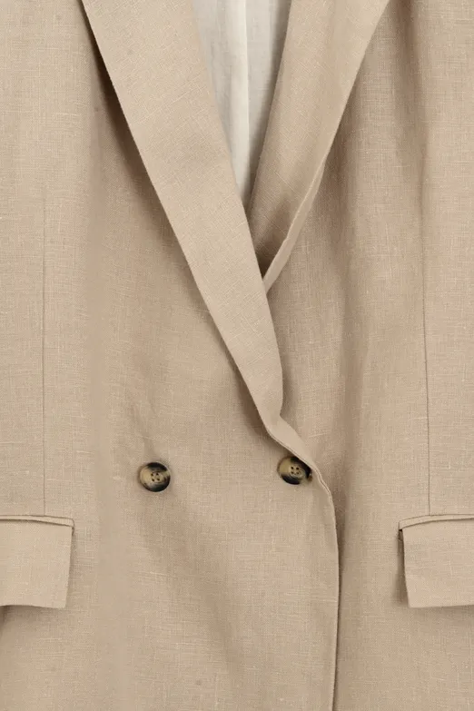 Bayan Bej %100 Keten Kruvaze Blazer Ceket - BSL