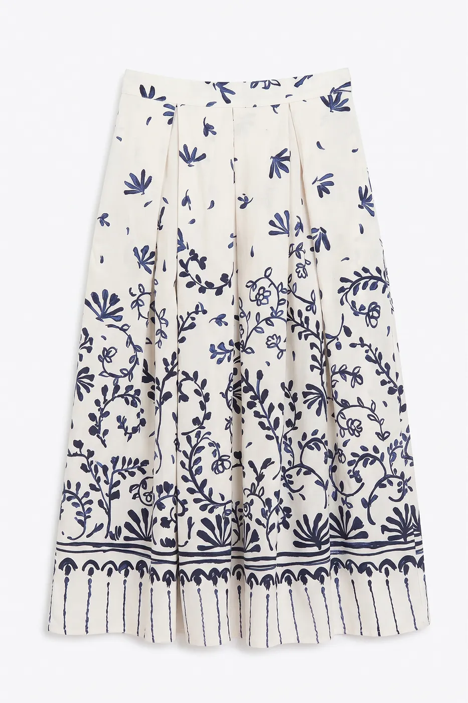 Bayan Ekru Pileli Keten Midi Etek