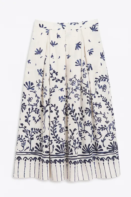 Bayan Ekru Pileli Keten Midi Etek - BSL