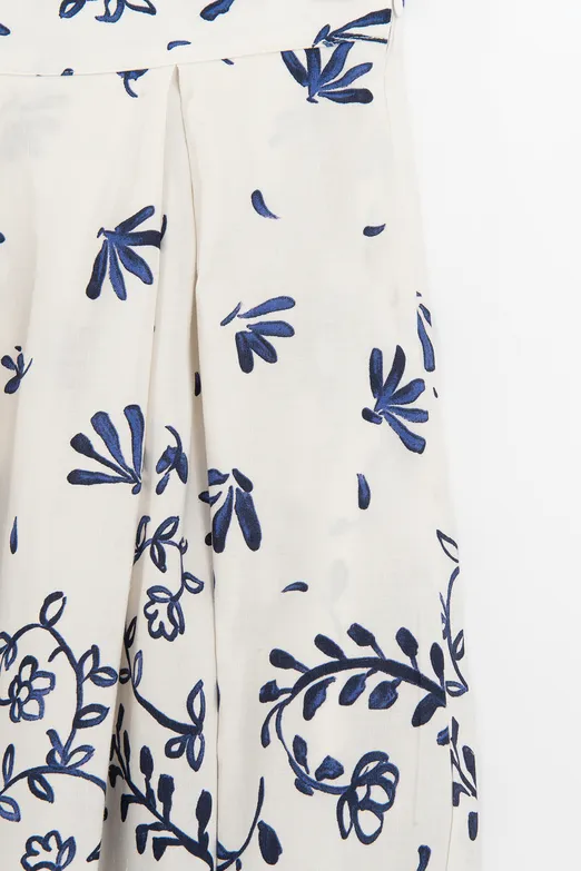 Bayan Ekru Pileli Keten Midi Etek - BSL