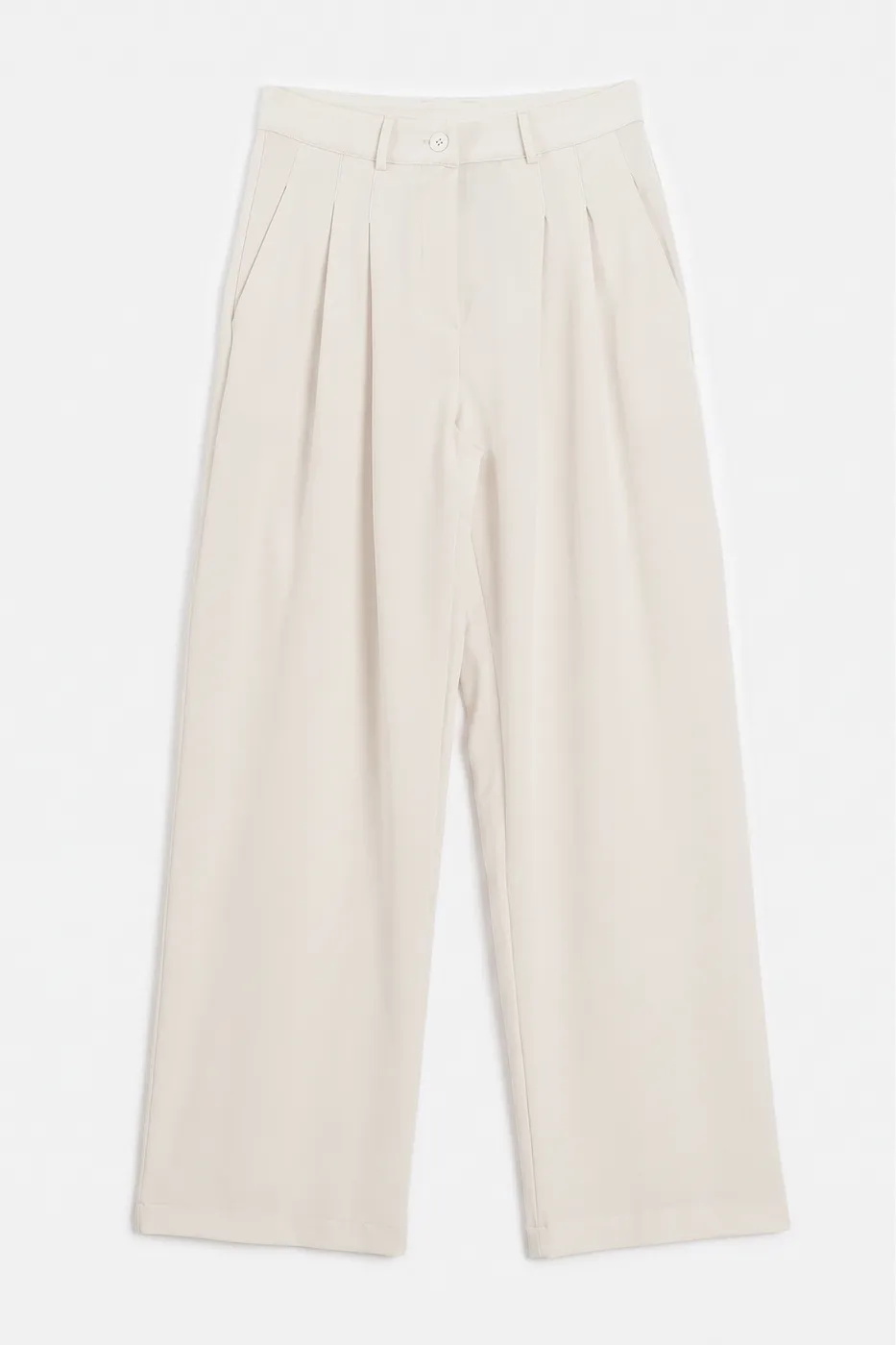 Bayan Krem Çift Pileli Bol Pantolon