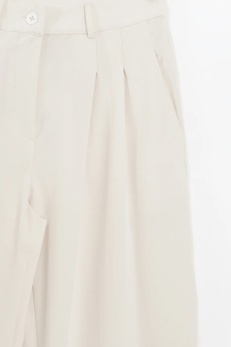 Bayan Krem Çift Pileli Bol Pantolon