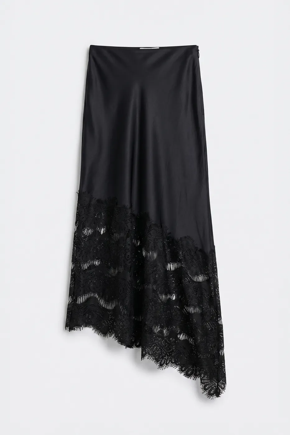 Bayan Siyah Saten Dantelli Midi Etek