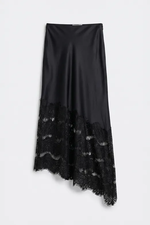 Bayan Siyah Saten Dantelli Midi Etek - BSL