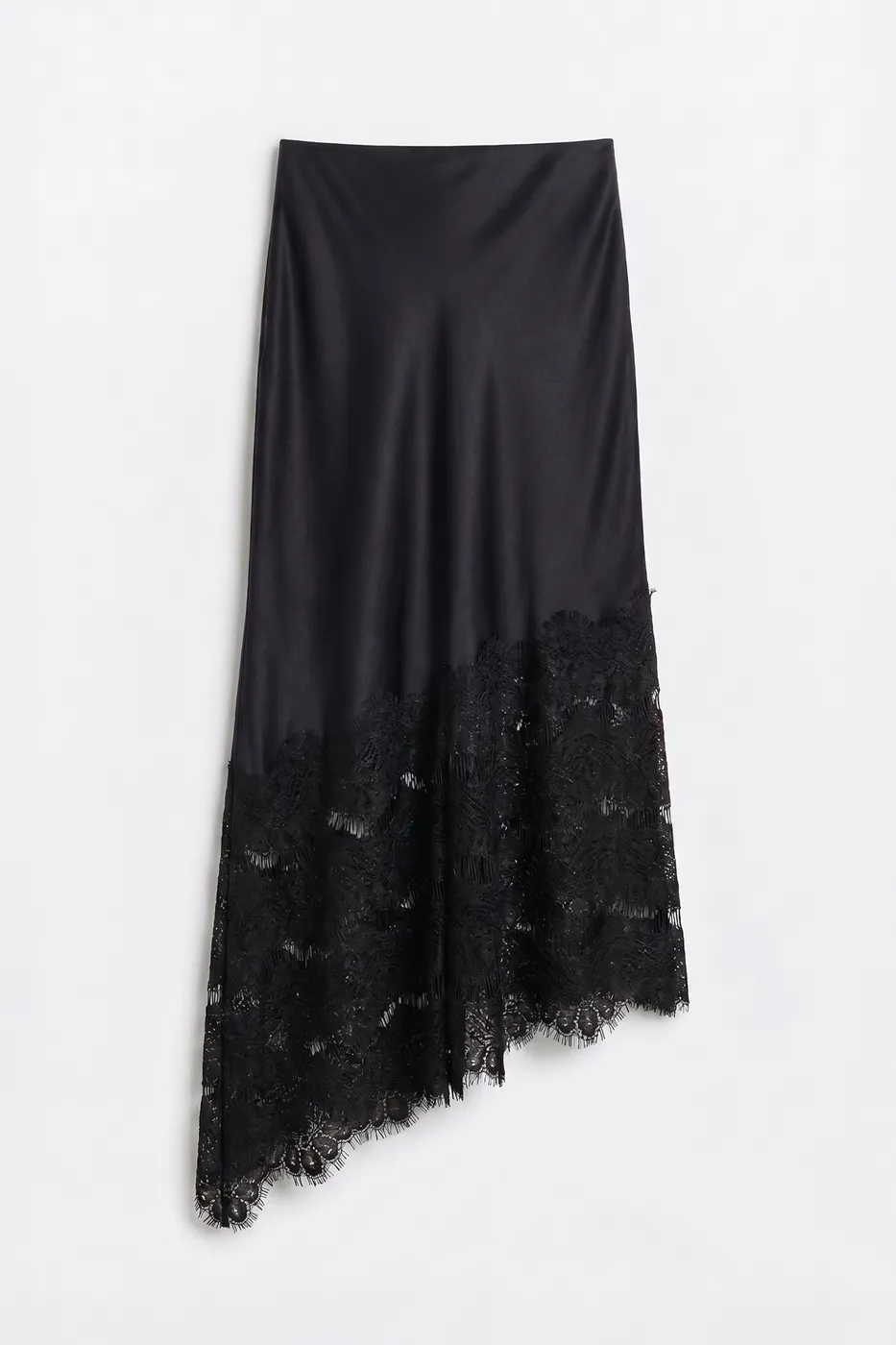 Bayan Siyah Saten Dantelli Midi Etek