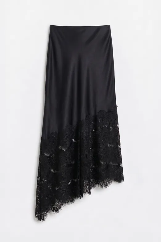 Bayan Siyah Saten Dantelli Midi Etek - BSL