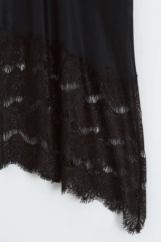 Bayan Siyah Saten Dantelli Midi Etek - BSL