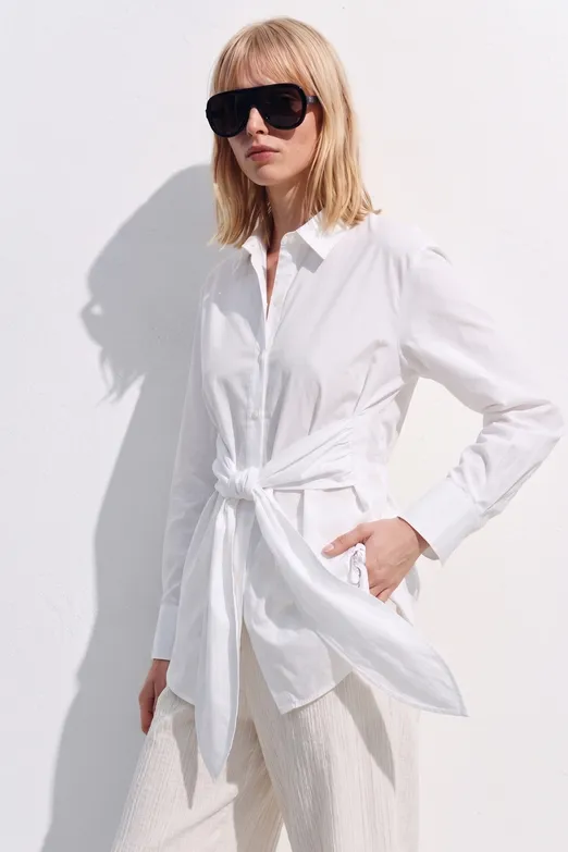 Bayan Beyaz Beli Bağlamalı Gömlek - BSL