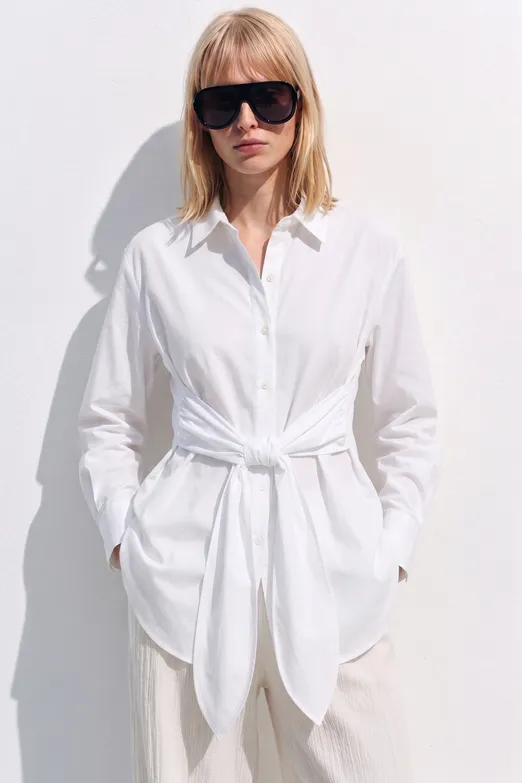 Bayan Beyaz Beli Bağlamalı Gömlek - BSL