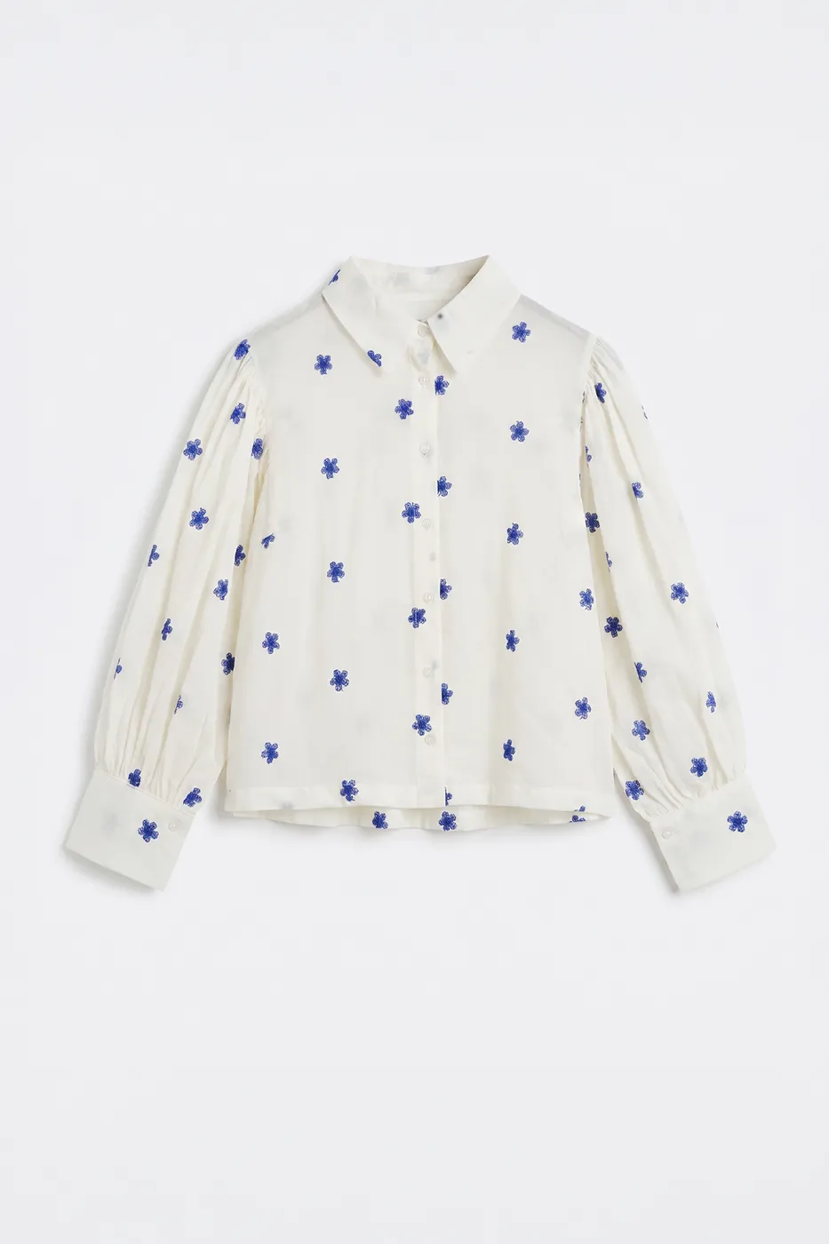 Bayan Ekru Çiçek Desenli Balon Kollu Gömlek