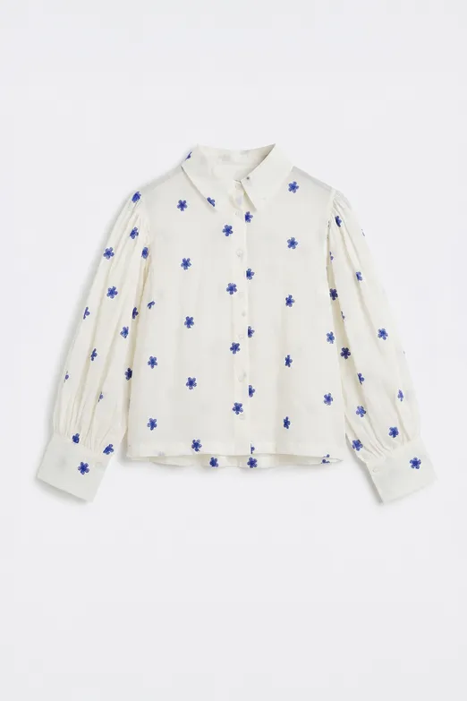 Bayan Ekru Çiçek Desenli Balon Kollu Gömlek - BSL