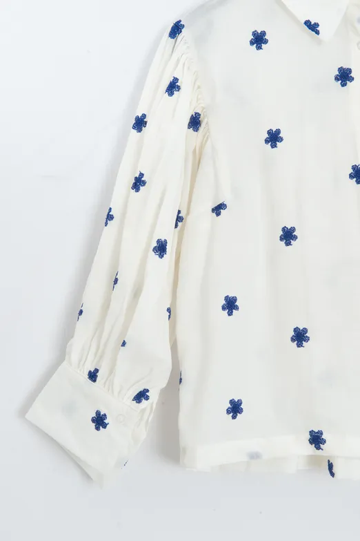 Bayan Ekru Çiçek Desenli Balon Kollu Gömlek - BSL