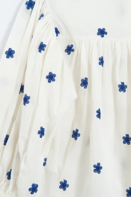 Bayan Ekru Çiçek Desenli Balon Kollu Gömlek - BSL