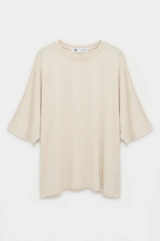 Bayan Bej Oversize Basic Tshirt - BSL
