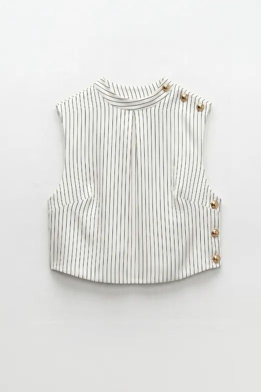 Bayan Beyaz Saten Çizgili Crop Top - BSL