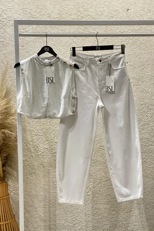 Bayan Beyaz Saten Çizgili Crop Top - BSL